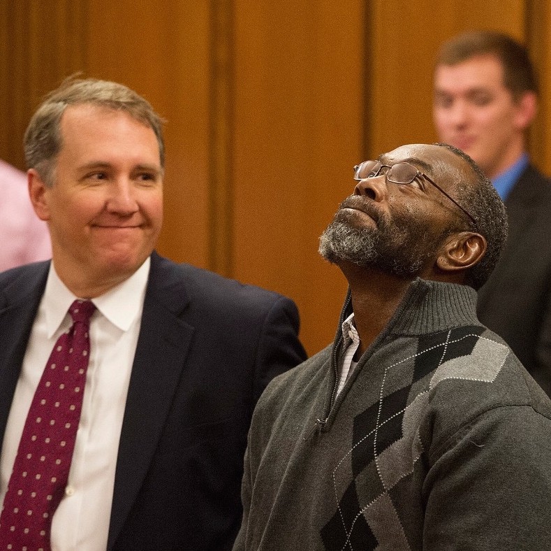 Exoneree Rickey Jackson looks heavenward as he is pronounced innocent